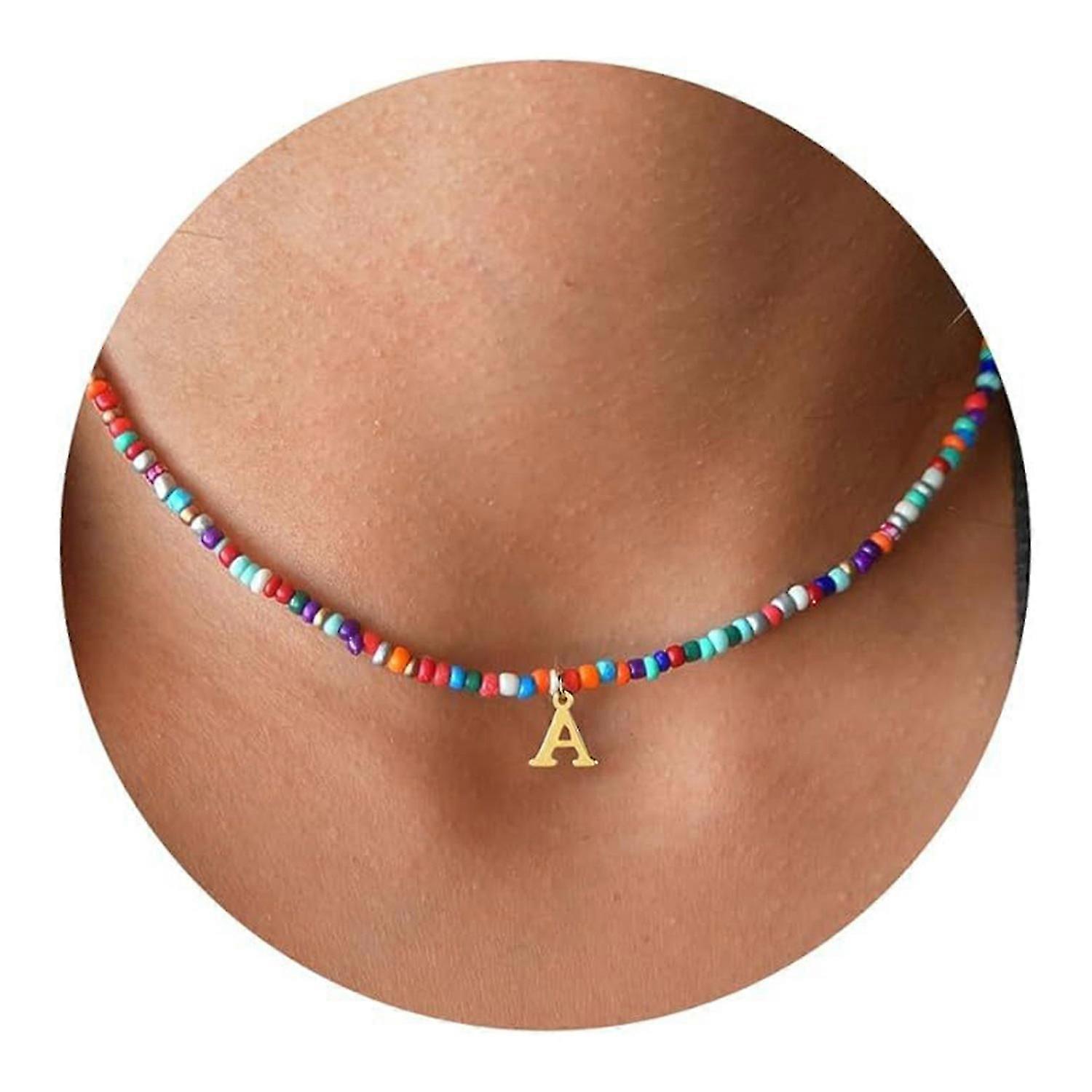 Collier pour femme avec pendentif lettre, longueur réglable et allongée, style ethnique rétro, perles de riz colorées