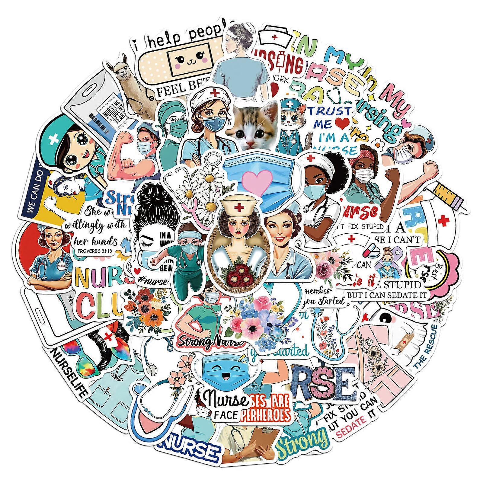 50Counts ممرضة موضوع ملصق مقاوم للماء ملصق جمالي لسجل القصاصات دفتر القصاصات زجاجة المياه حالة الهاتف لوح التزلج