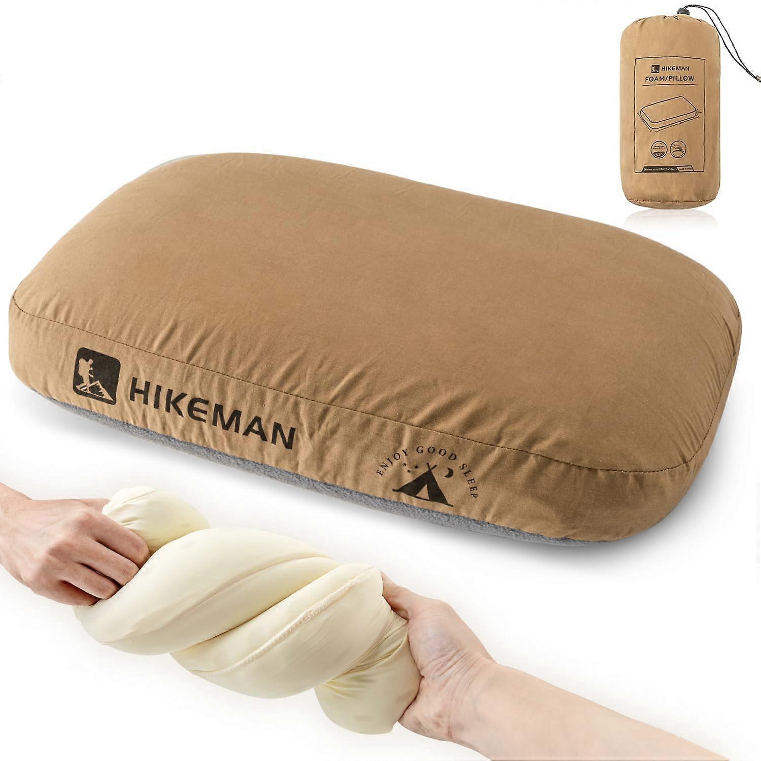 Camping Memory Foam Pillow Ultralight Pillow,Removable Travel Cover,Ergonomic Support (Brown)