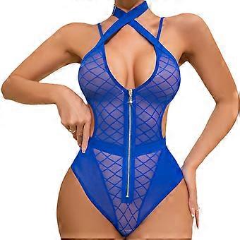 Women Sexy Mesh Bodysuit One Pieced Lingerie Deep V Neck Teddies Mini Babydoll Sleepwear  XL Royal blue