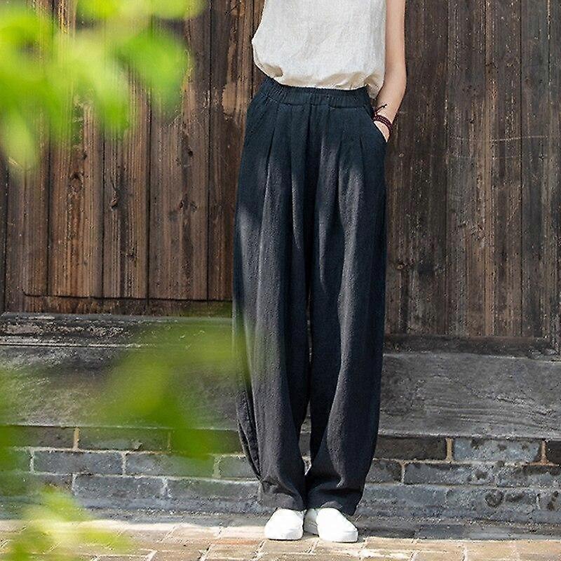 Johnature Women Loose Cotton Linen Casual Pants Solid Color Elastic Waist Lantern Pants Autumn Winter Simple Trousers