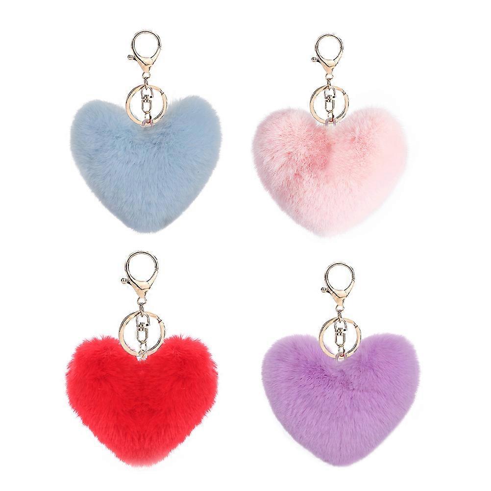 4pcs Plush Heart Key Chains with Furry Pom Pom Balls – Adorable Key Holders for Decoration and Accessories