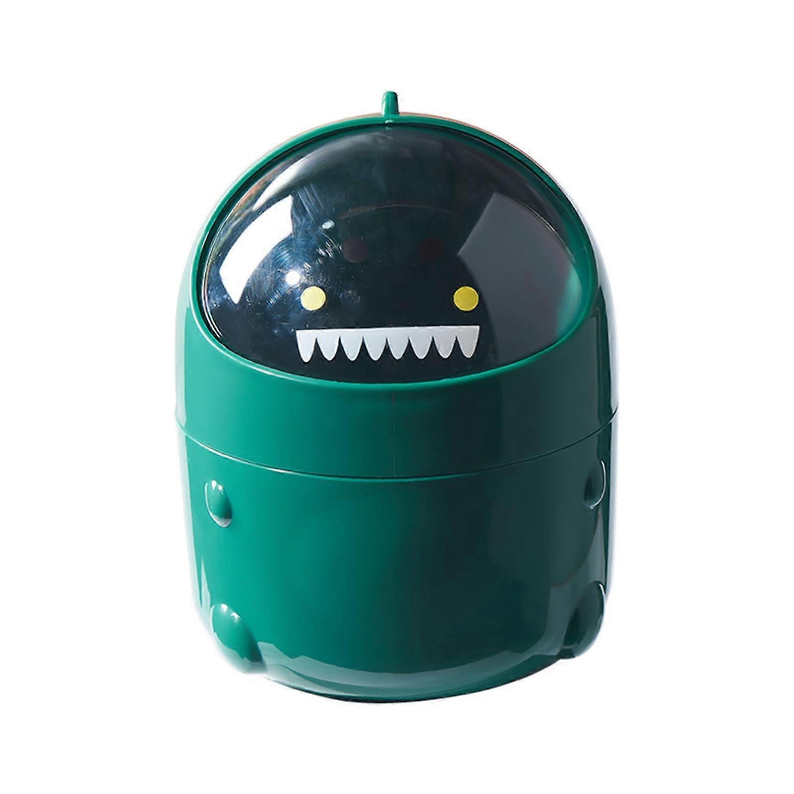Cute Dinosaur Desktop Bin with Swing Lid, Small Worktop Waste Paper Bin (Green)