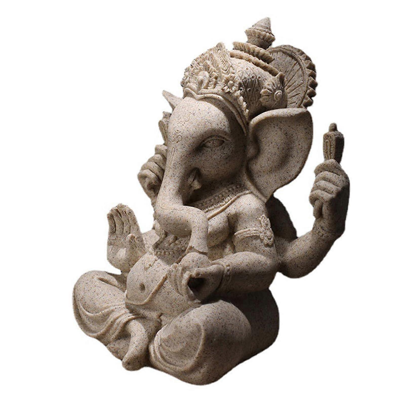 Handmade Sandstone Ganesha Buddha Elephant Statue Figur for Home and Office Decoration, Sand Color