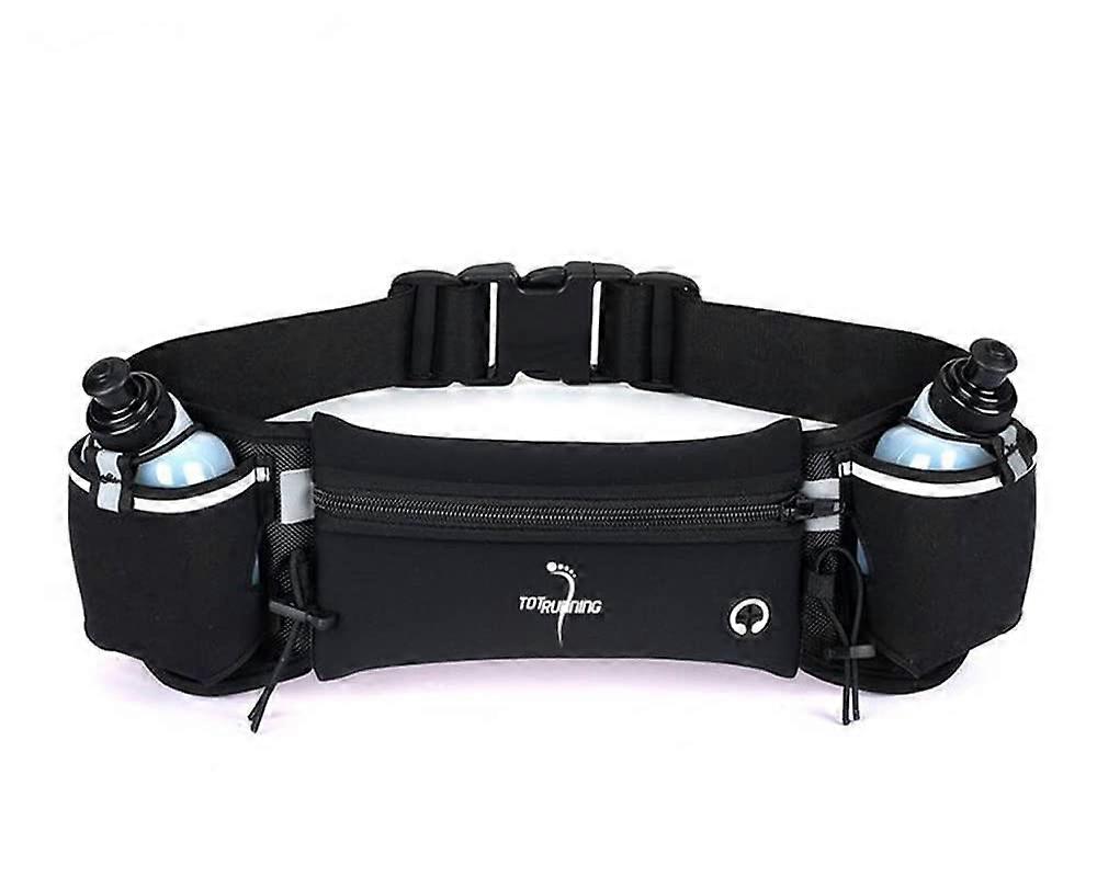 Adjustable Running Belt with Zip Pocket, 2 Water Bottles, 2 Multipurpose Rubber Bands and Straps Black / black