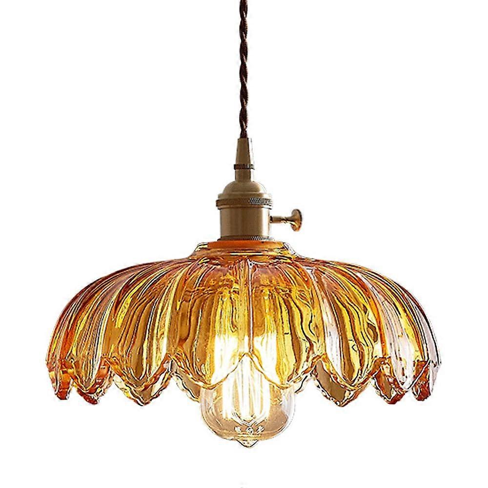 Hanging light in American retro style, singlehead chandelier with E27 light source, creative copper lamp head, orange glass lampshade