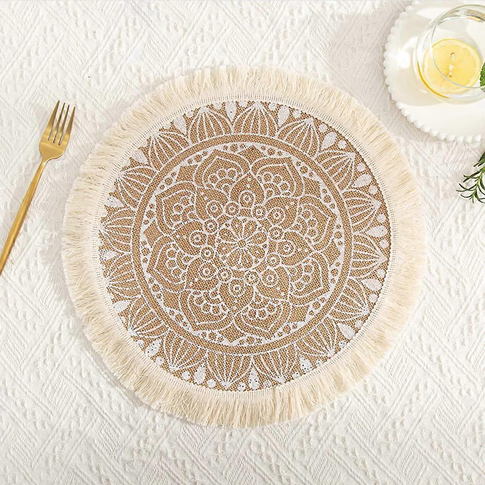 Round Woven Jute Place Mats with Mandala Tassel, Boho Farmhouse Style, Set of 2 for Dining Table and Events