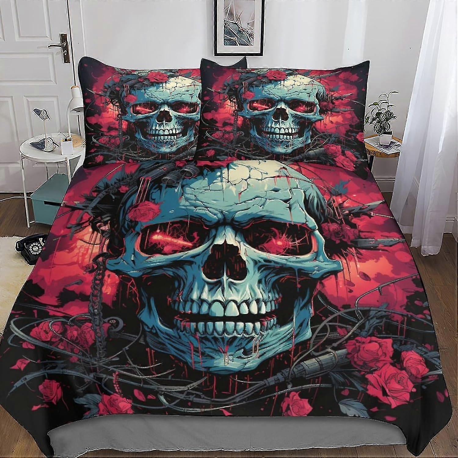 3D Digital Print Bedding Sets with Pillowcase Duvet Cover Soft Microfiber 3 Piece Set for Skull Theme