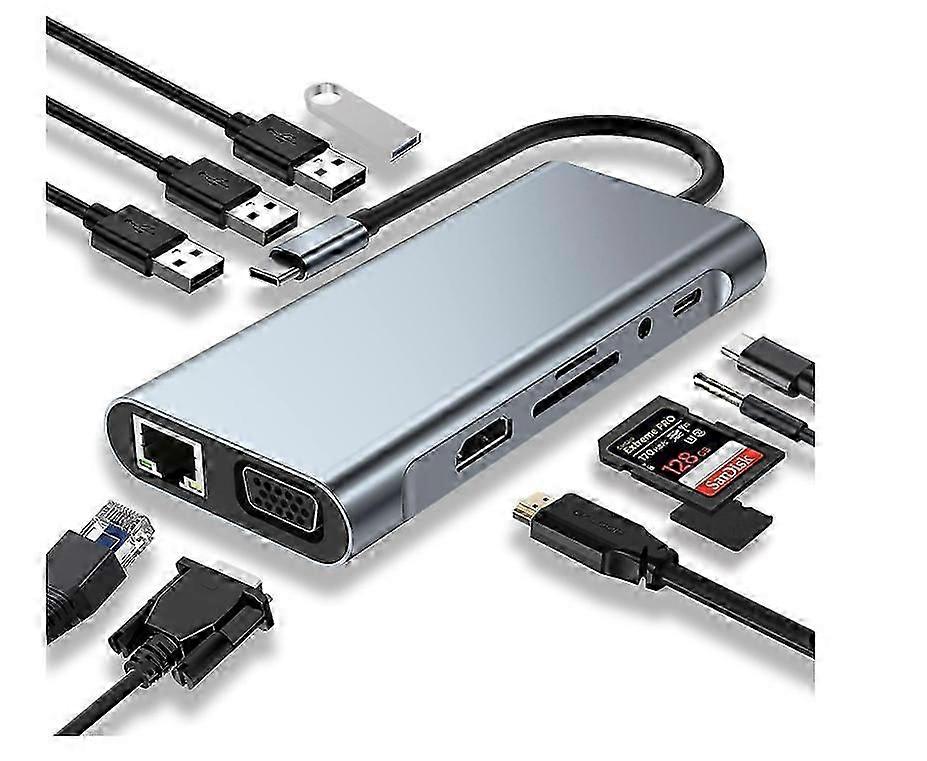 11-in-1-USB-C-Adapter mit 4K-HDMI-, VGA-, USB 3.0-Anschluss, Typ C PD, RJ45-Ethernet, SD/TF-Kartenleser, 3,5-mm-AUX (Grau)