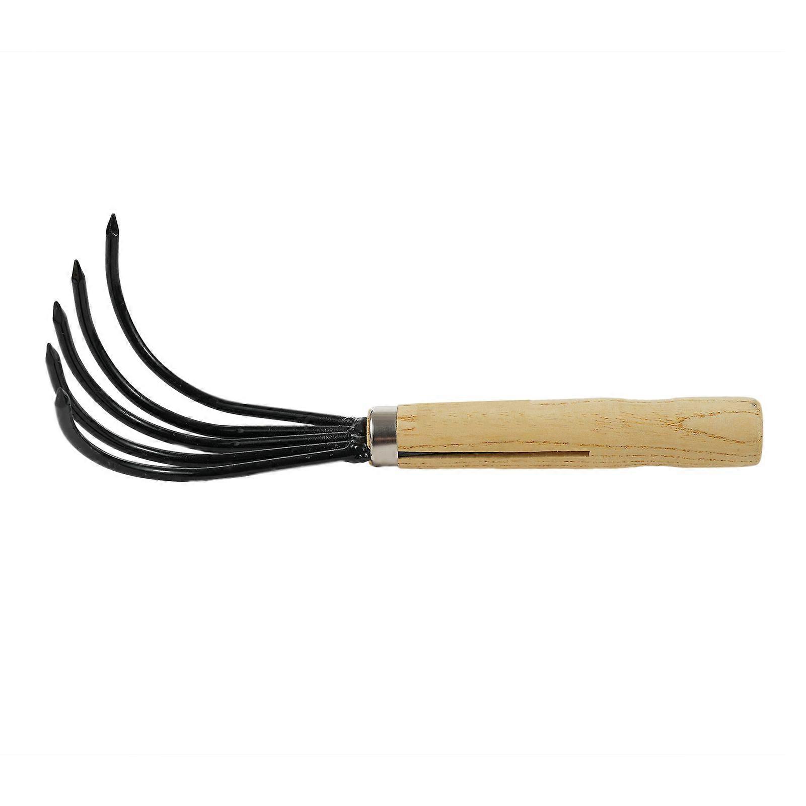 5-Claw Rake Hand Cultivator with Short Wooden Handle, Bendproof Garden Hand Rake Tool, Great for Loosening or Weeding Soil
