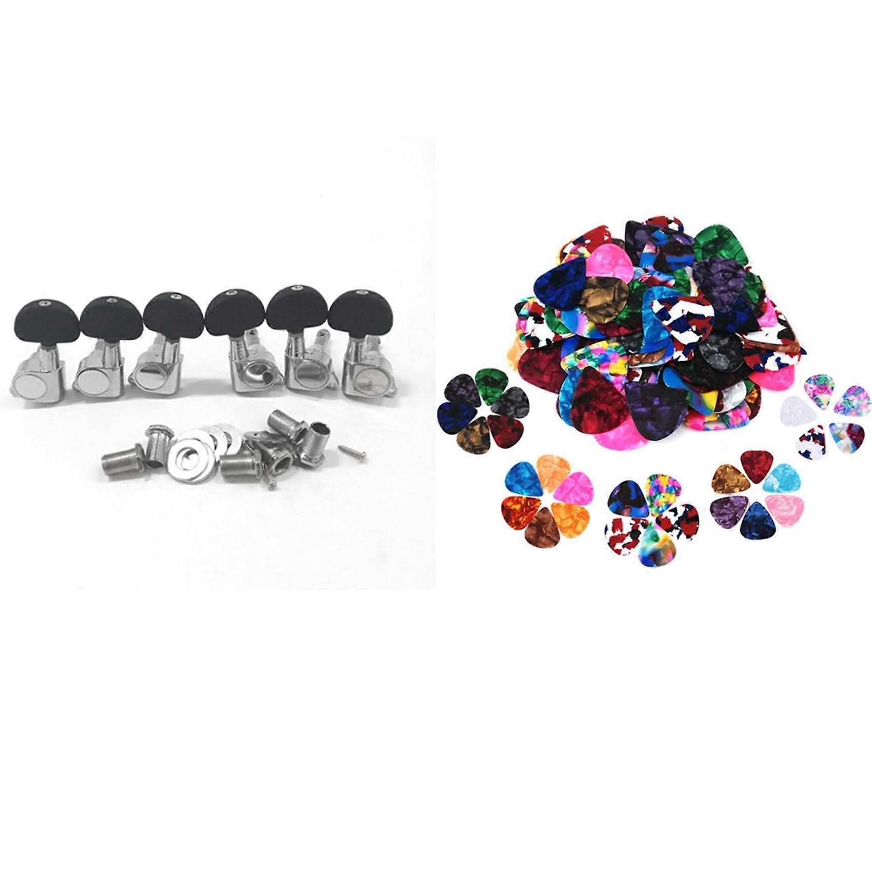 60Pcs Guitar Picks,0.46mm, 0.71mm, 0.96mm with 6Pcs Guitar String Tuning Key Pegs/ Knobs for Left an