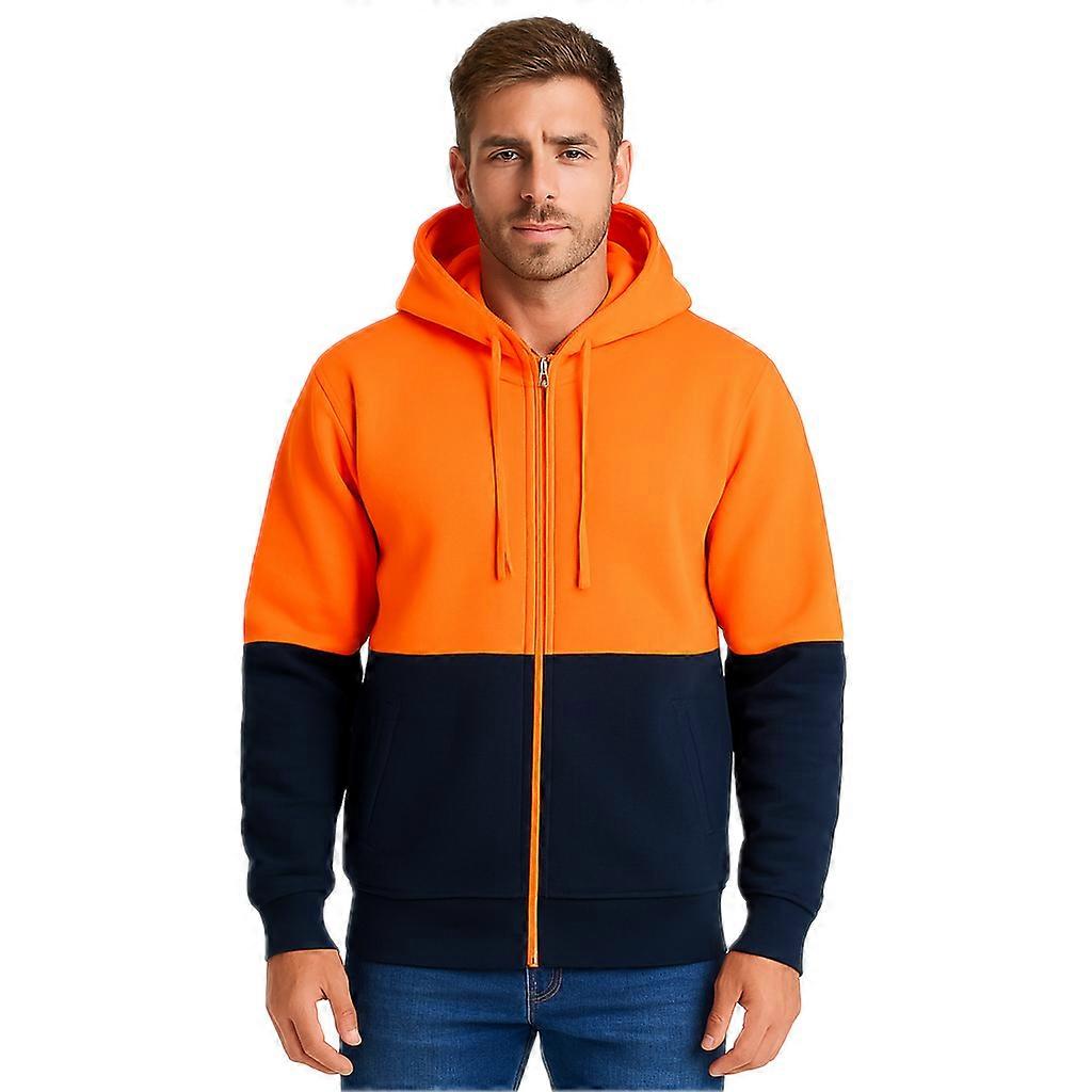 HI VIS Jumper Full Zip Hoodie Safety Workwear Fleecy Fleece Jacket Hooded in Orange/Navy