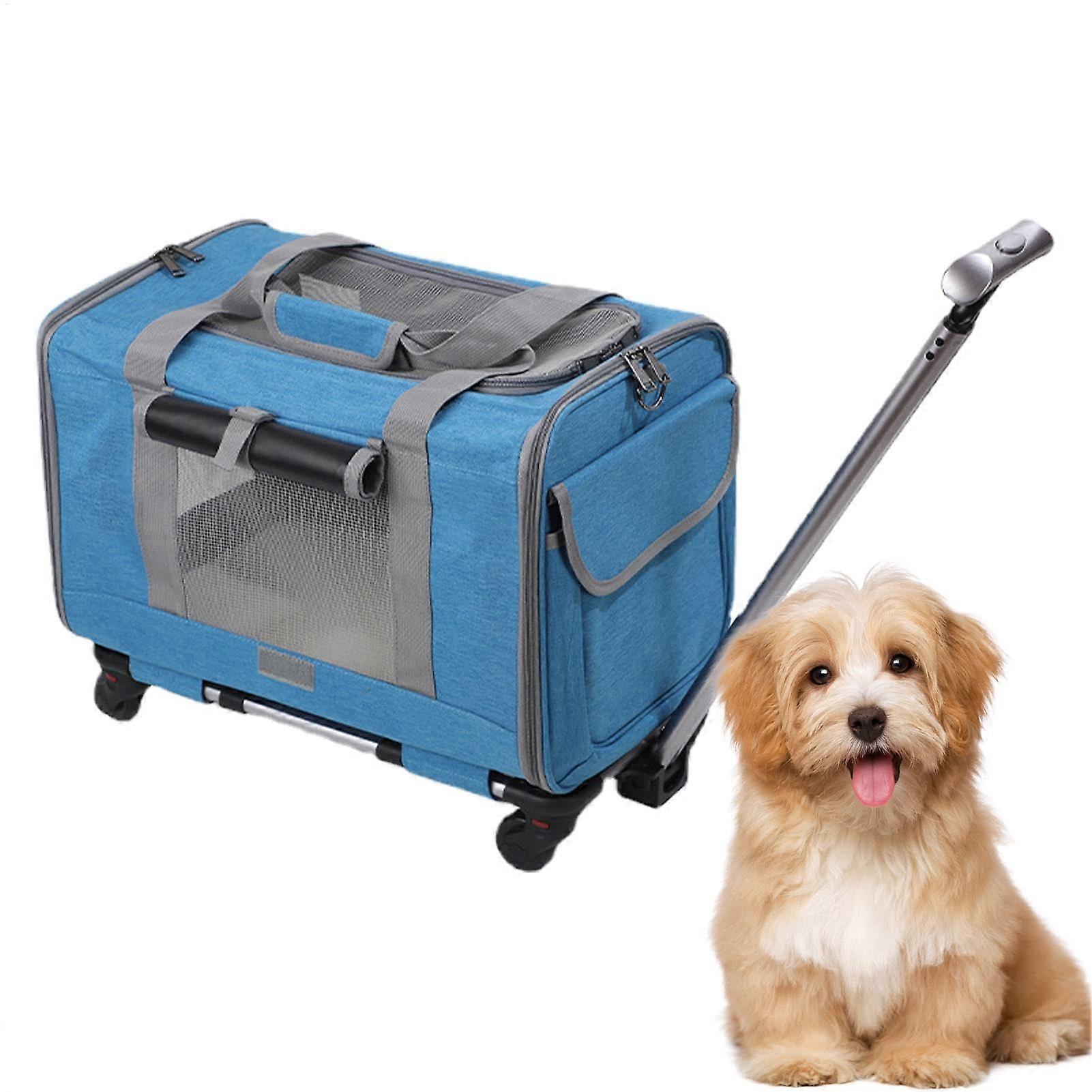 Dog Carrier, Cat Carrier with Wheels | Airline Approved Small Dog Cat Carrier with Safety Zippers, Carry Strap, Blue