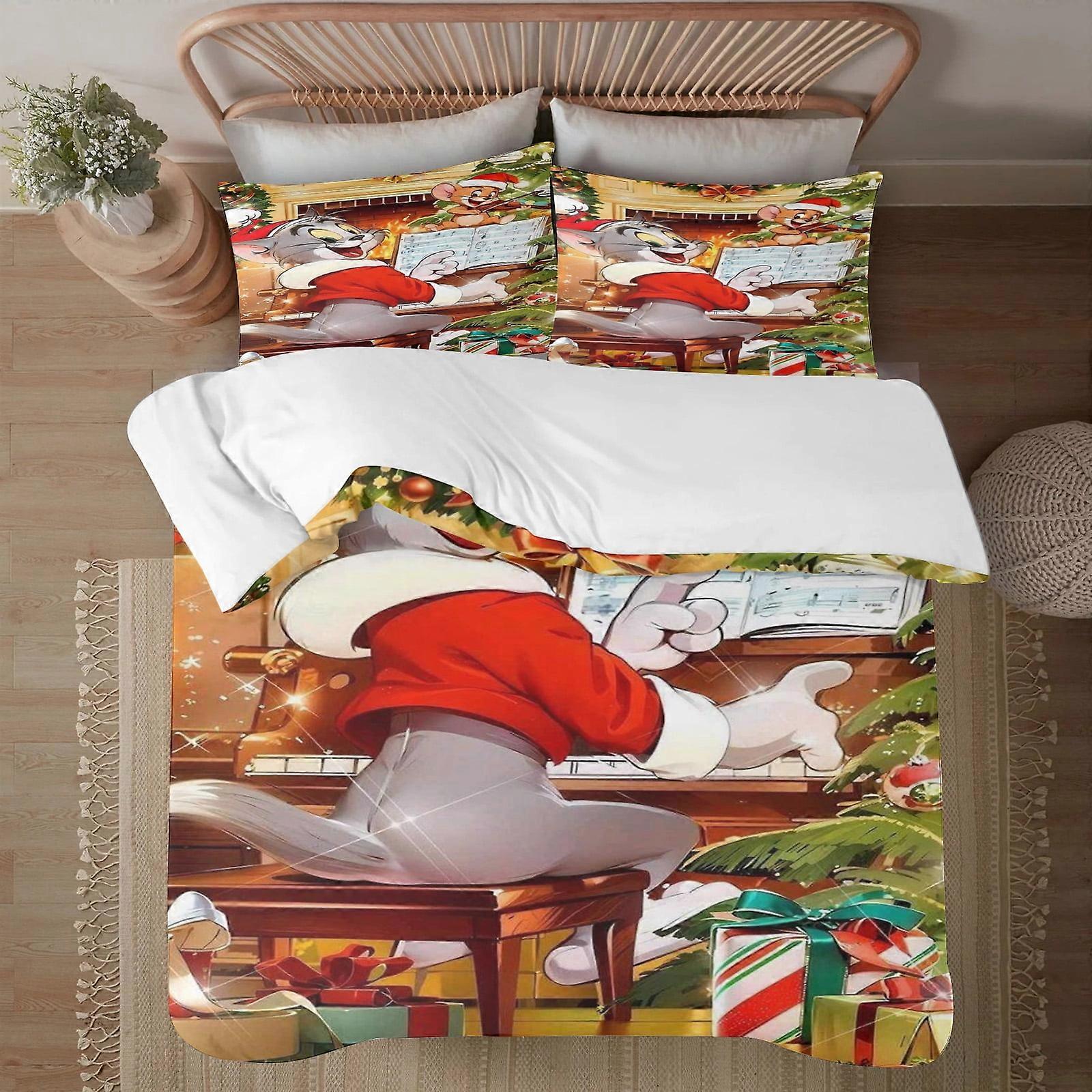 Christmas Tom and Jerry 3-Piece Comforter Set, Full Size, Soft Microfiber Bedding for Teens, Includes 1 Comforter & 2 Pillowcases
