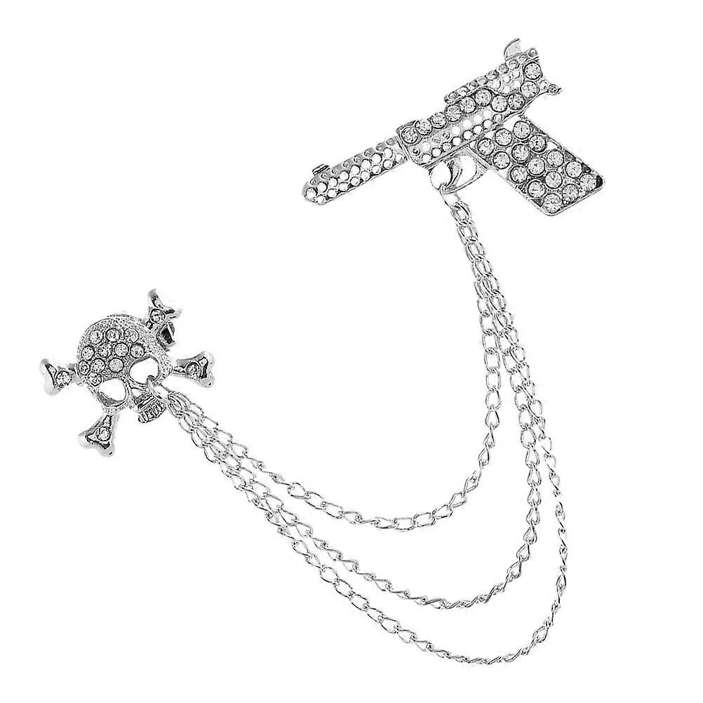 Silver Skull Lapel Pin for Men with Rhinestone Chain Tassel 5Pcs Set