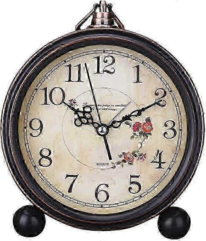 Vintage Retro Table Clock Metal Gold Silent Desk Clock Non Ticking Decorative Mantle Clock Farmhouse Style Table Clock (1pc, dark brown)