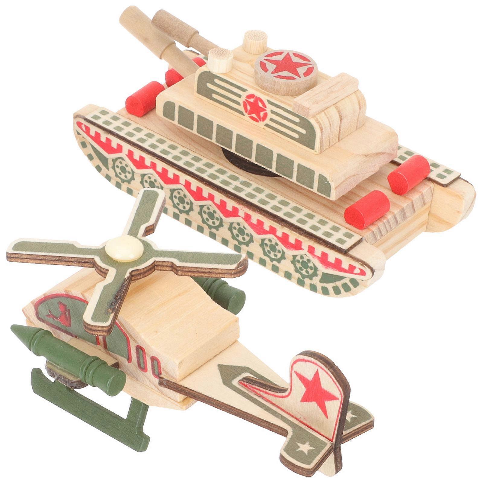 2Pcs Wooden Military Tank Toy for Kids with Helicopter Model Playset
