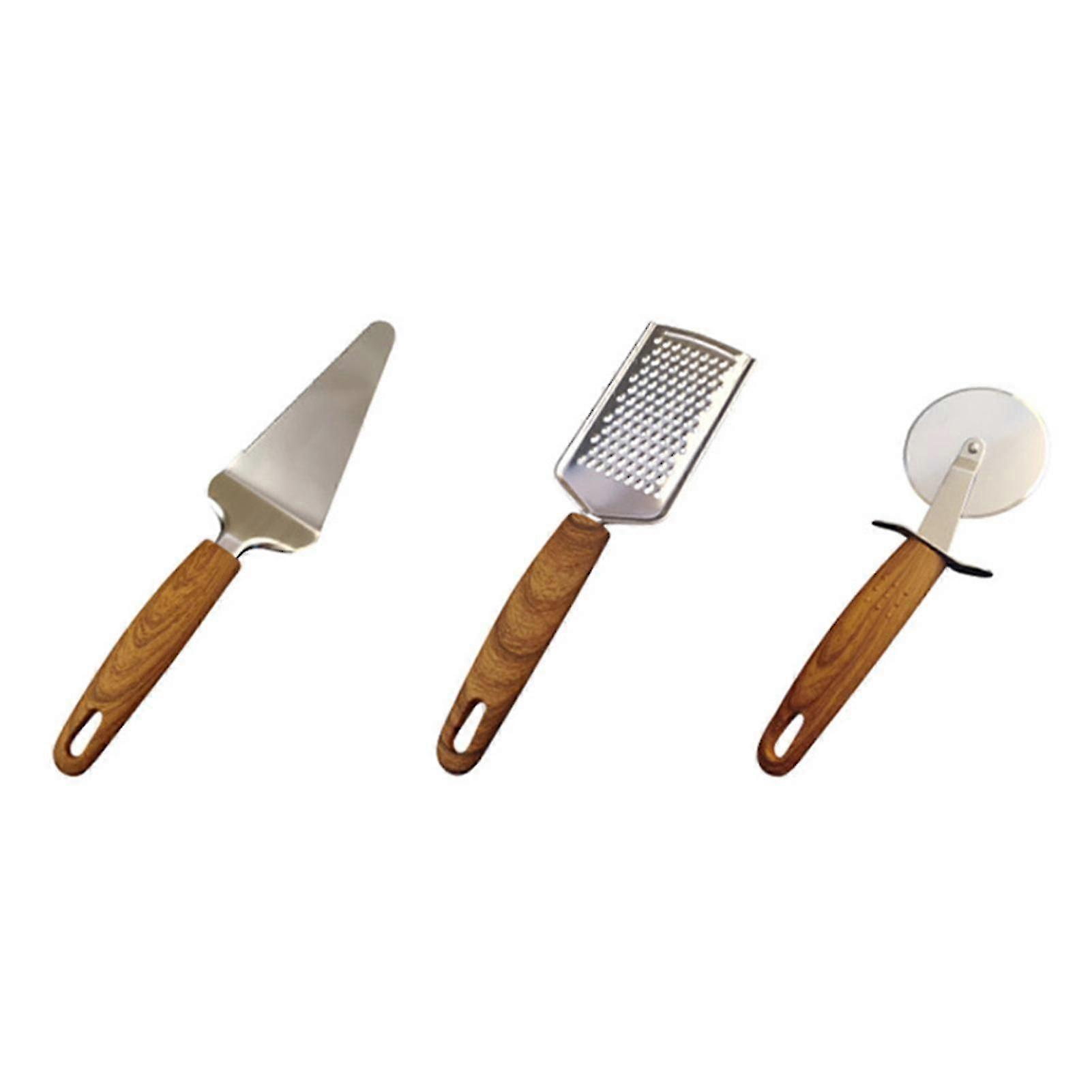 Stainless Steel Baking Set Pizza Cutter Triangular Shovel Grater With Wood Grain Color Handle For