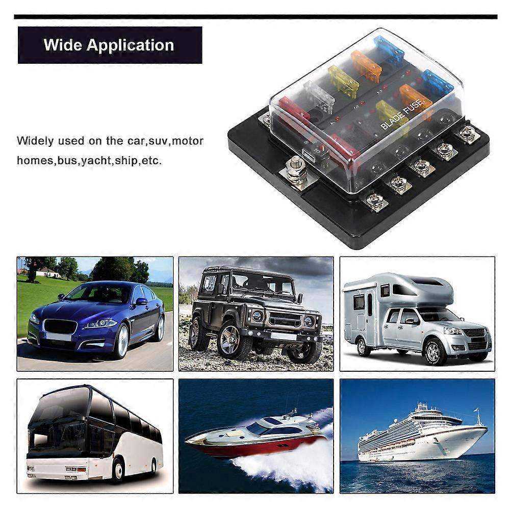 Fuse block for car with 10 way blade and LED indicator - 12V 24V compatible for boat marine caravan