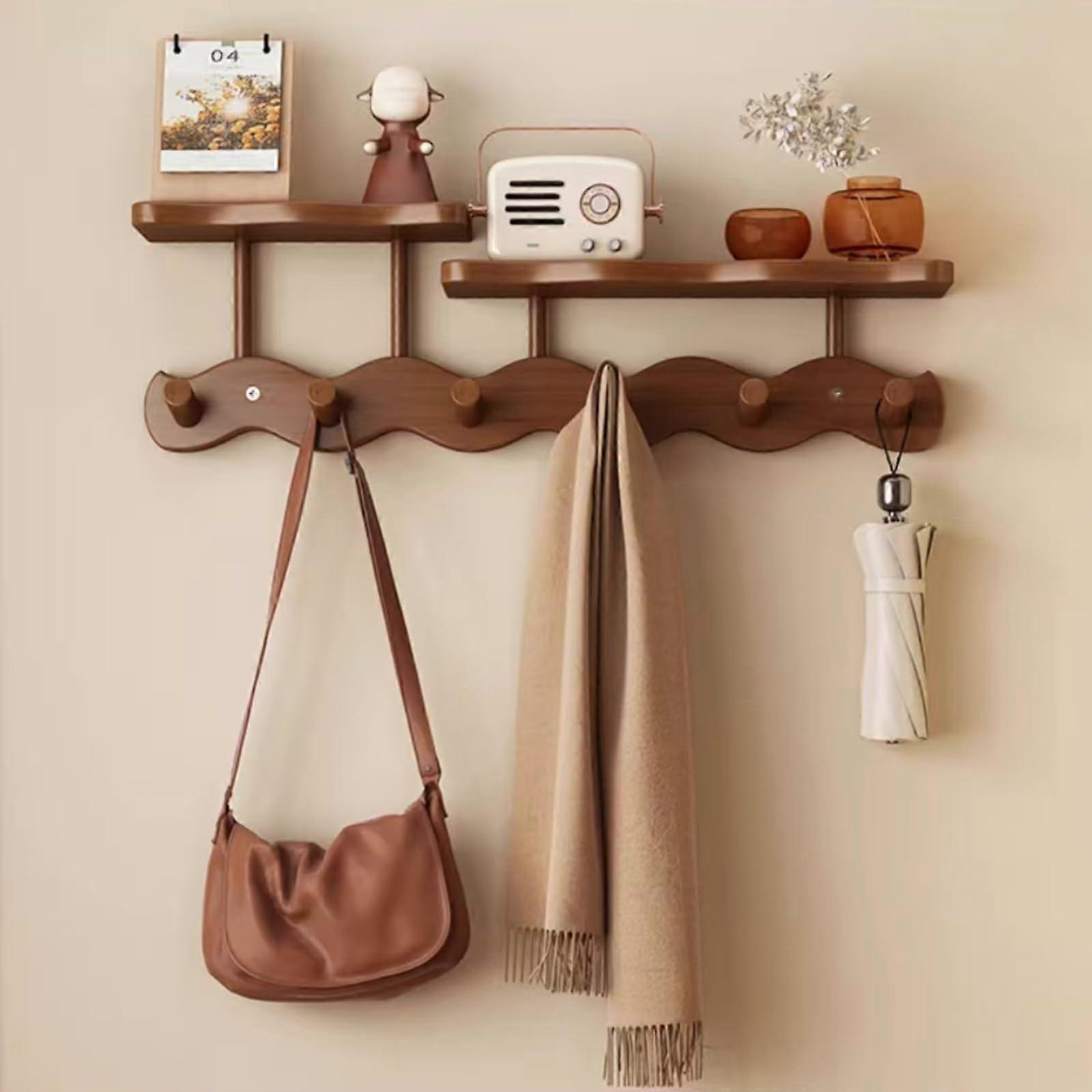Floating Shelves With 6 Hooks  Solid Wood Wall Shelf For Bathroom Storage, Bedroom Organization, Entryway