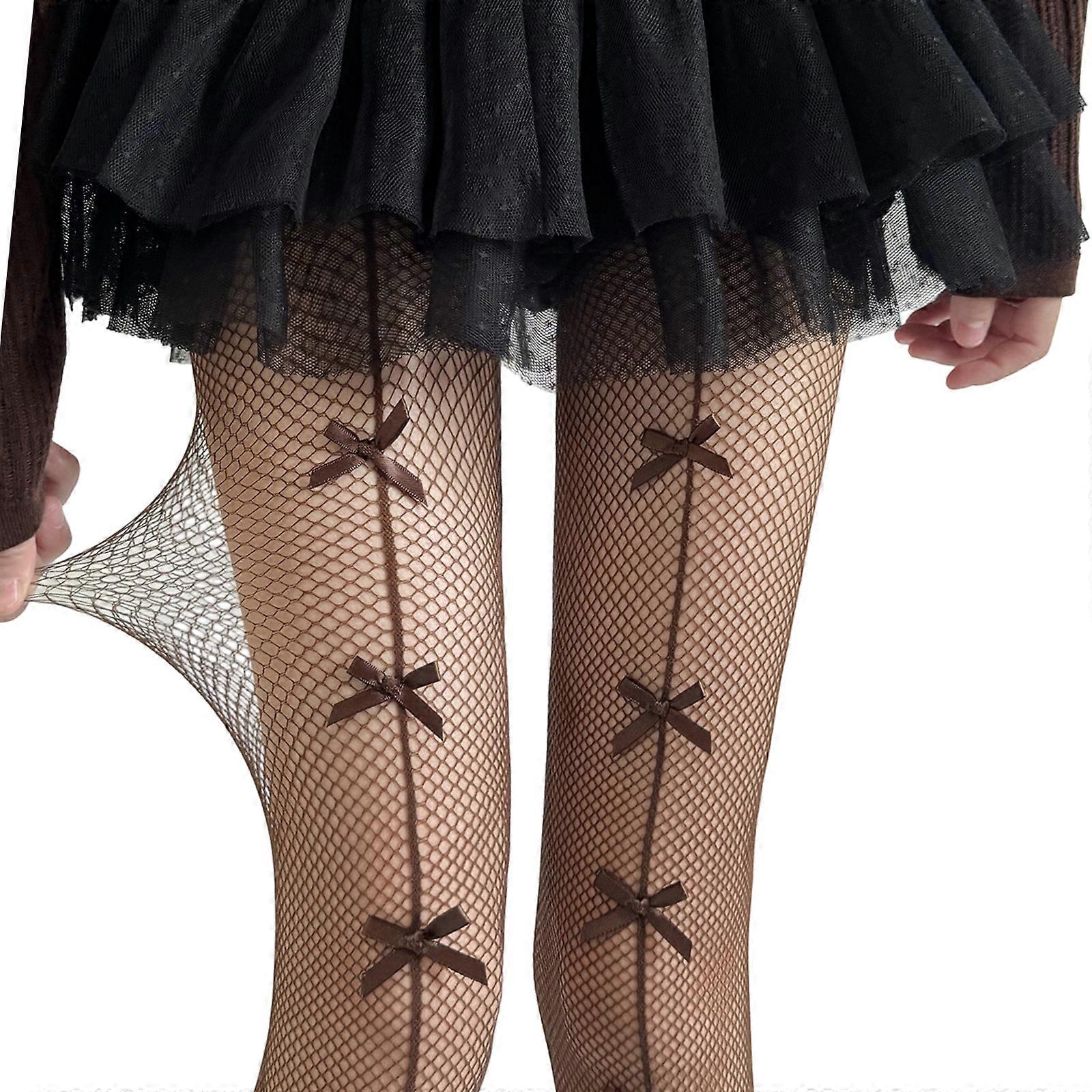 Elegant Fishnet Pattern Tights With Lace Bows Accent Practical Nylon Pantyhose For Daily Wear And Theme Parties  Coffee color Os