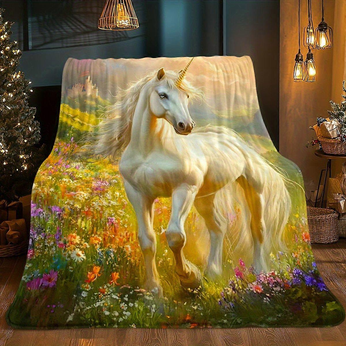 High-Definition Printed Blanket Featuring a White Horse in a Field, This Cozy And Warm Flannel Blanket Is Perfect for Tr-ojhgf250