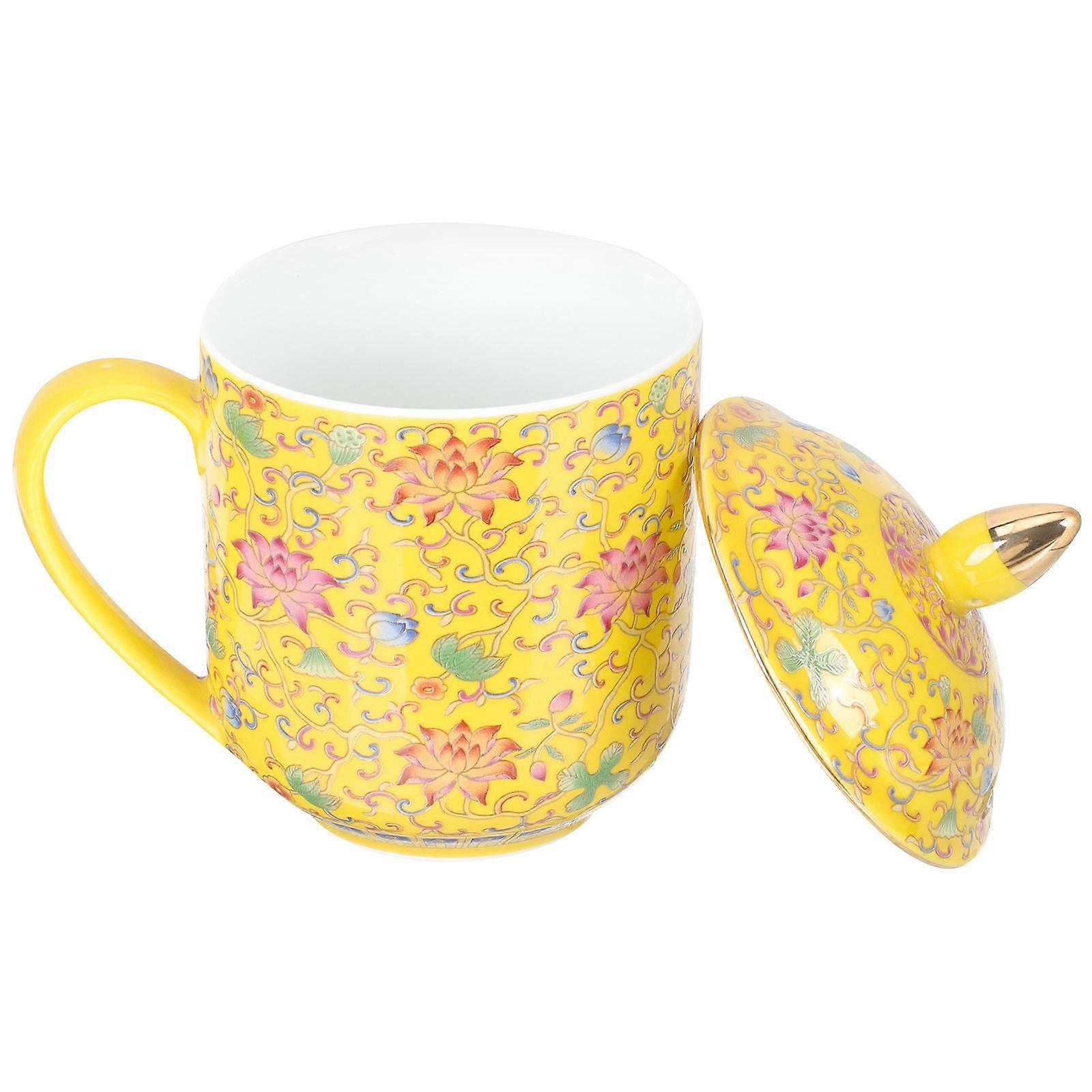 Yellow Ceramic Tea Cup with Lid for Home Use Chinese Teacup