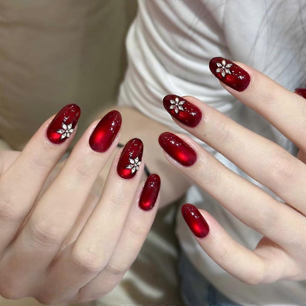 Red Christmas Press on Nails with Crystals, Medium Almond Acrylic False Nails 24pcs
