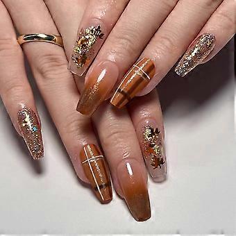 Long Coffin Press On Nails Autumn Orange Yellow Coffin Fake Nails with Gold Glitter Maple Foil