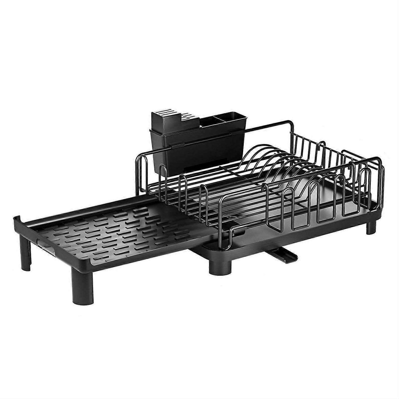 Black Dish Drying Rack for Kitchen Counter, Retractable SpaceSaving Design with Drainboard