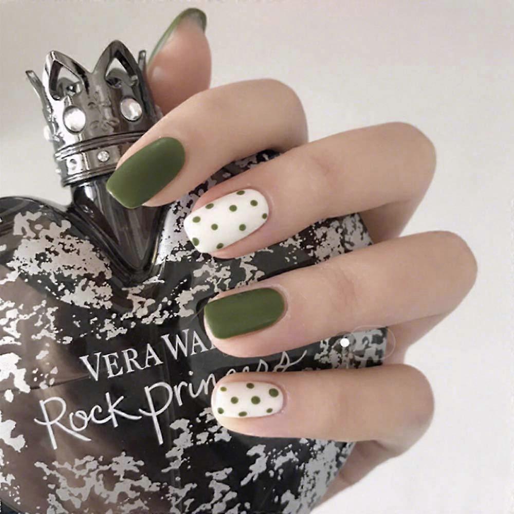 24pcs Coffin Shape False Nails Set Green White Dot Medium Acrylic Press On Nails Natural Finish