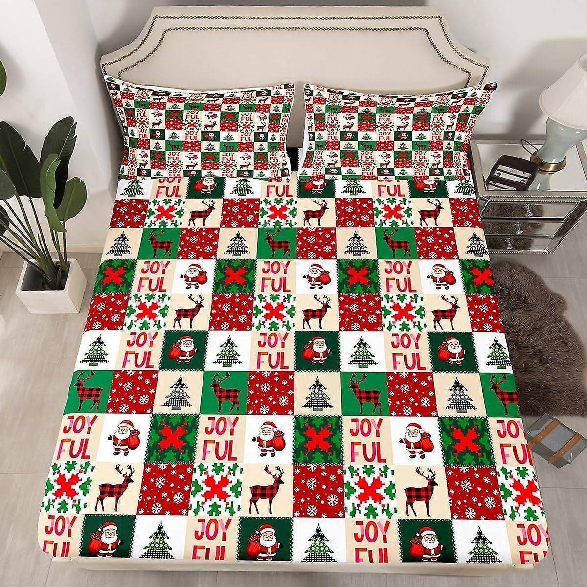 Queen Fitted Sheet Set Christmas Patchwork Microfiber Deep Pocket Soft Bedding Decor 3 Pcs