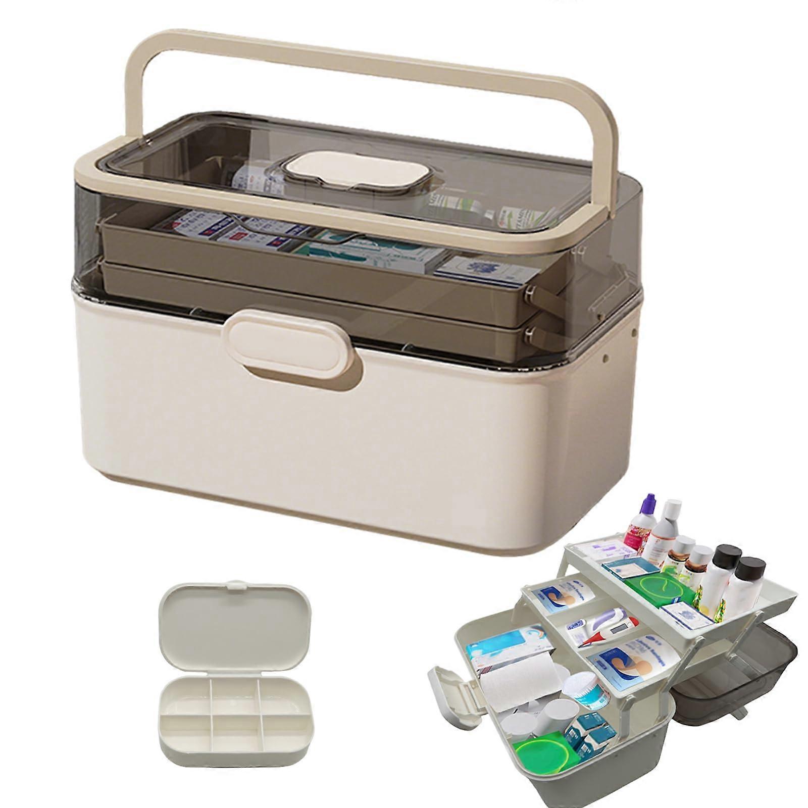 First Aid Storage Box 3 Tier Organizer with Handle, Clear Compartments and Secure Lock Closure