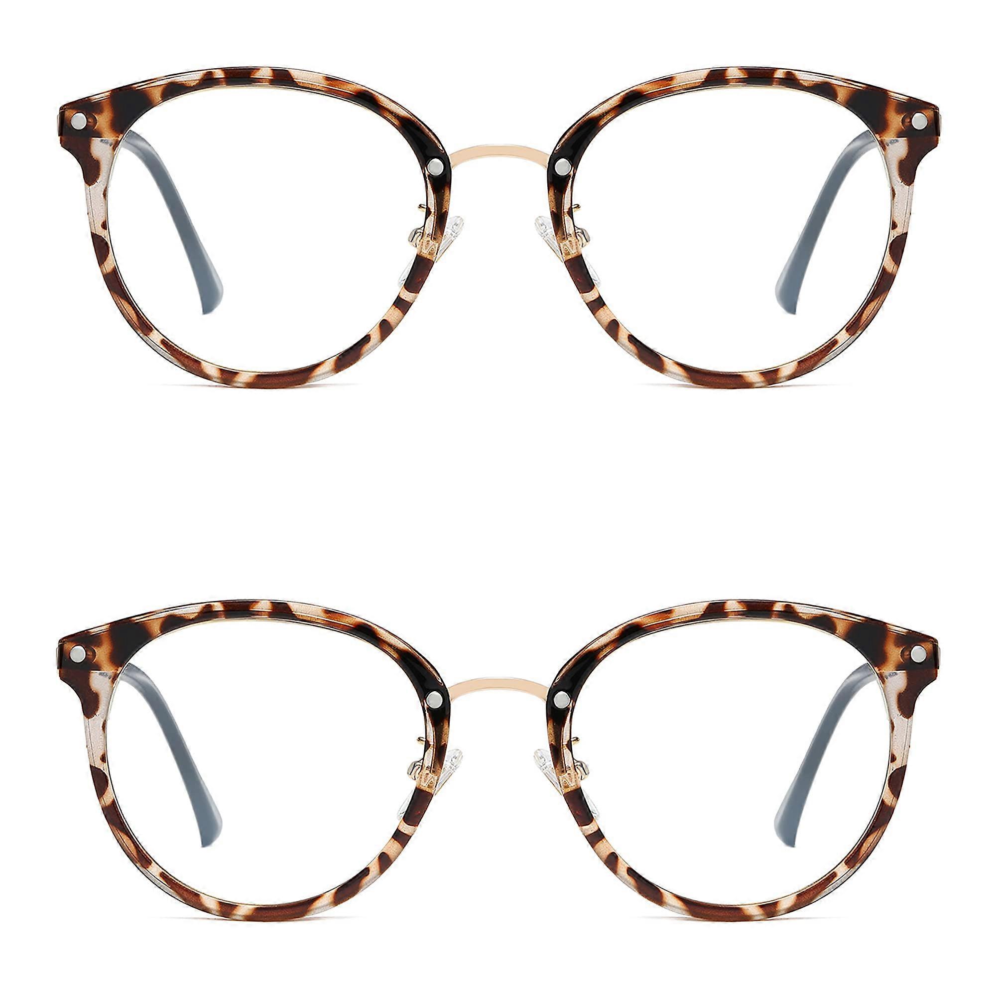 2 Pack Retro Round Blue Light Blocking Computer Glasses TR90 Large Frame Leopard Style