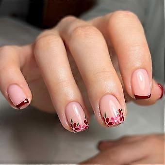 Press On Nails with Red Flower Design Short Square Glossy Floral Acrylic Fake Nails 24Pcs Reusable