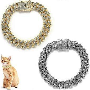 Cat Chain Collar, 2 Pcs Diamond Cuban Link Kitten Walking Collar with Secure Buckle, Pet Rhinestones Necklace Metal Chain Jewelry Accessories for Kitt
