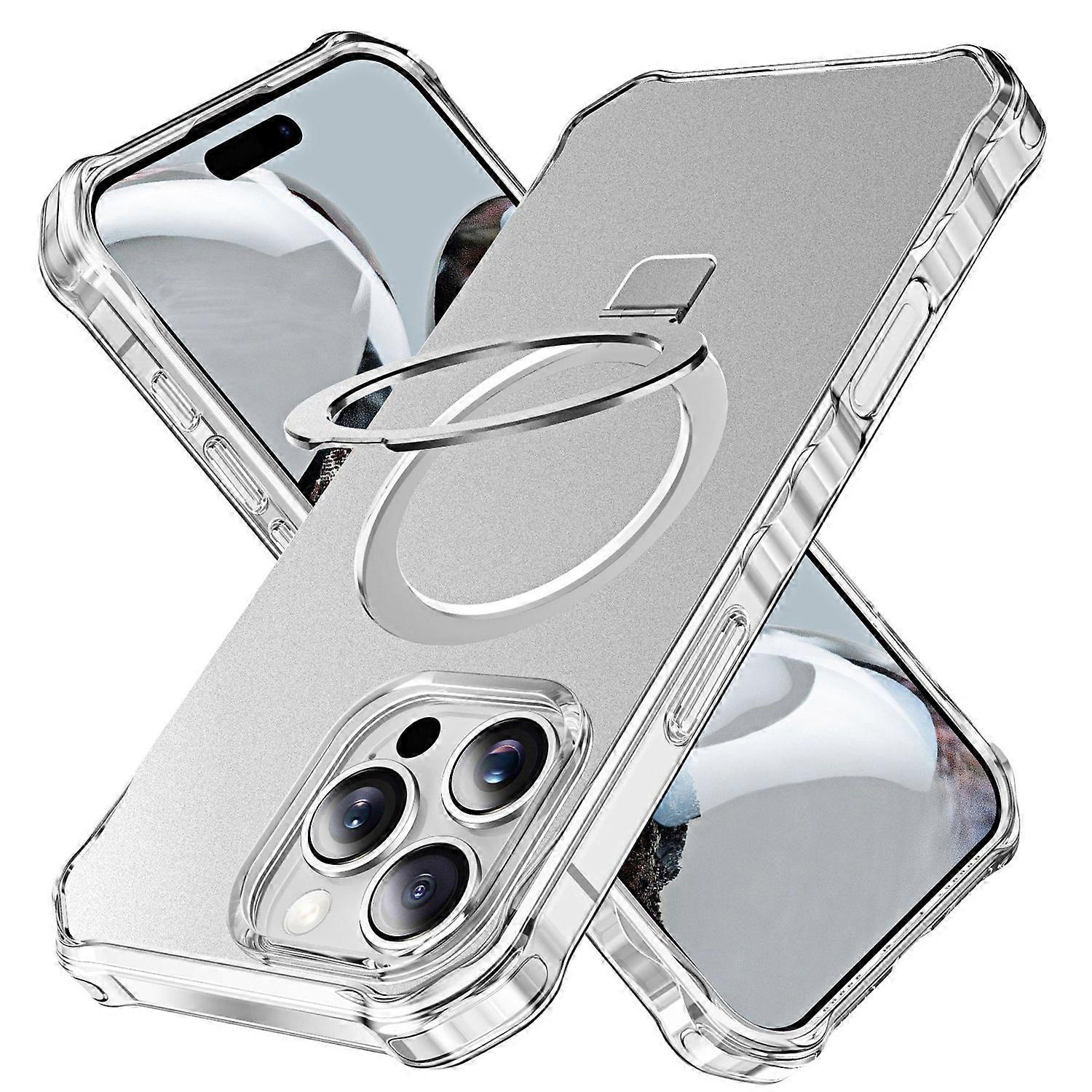 For Apple iPhone 16 Pro Max Solid Color Wave Design MagSafe Ring Holder Case Silver