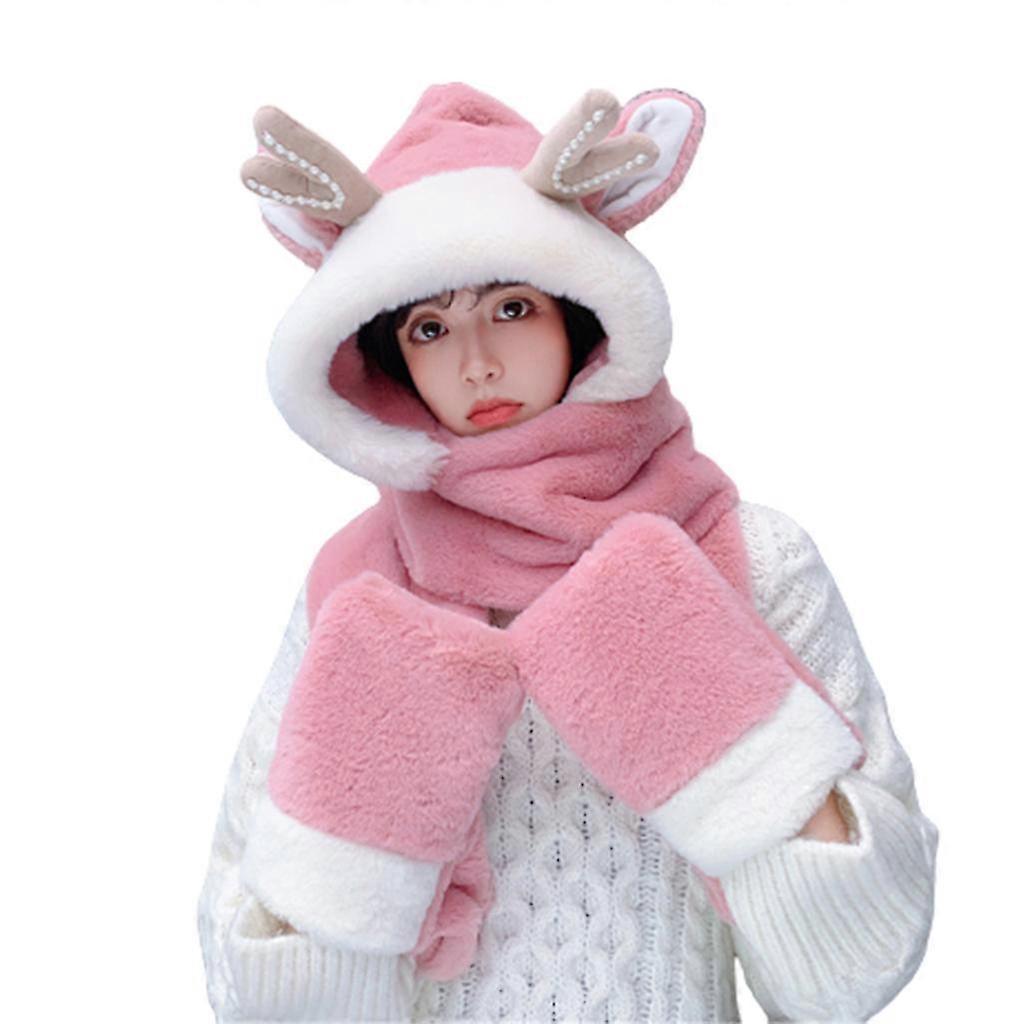 Windproof Cap Neck Protection Winter Scarf Gloves Set Reindeer Hat