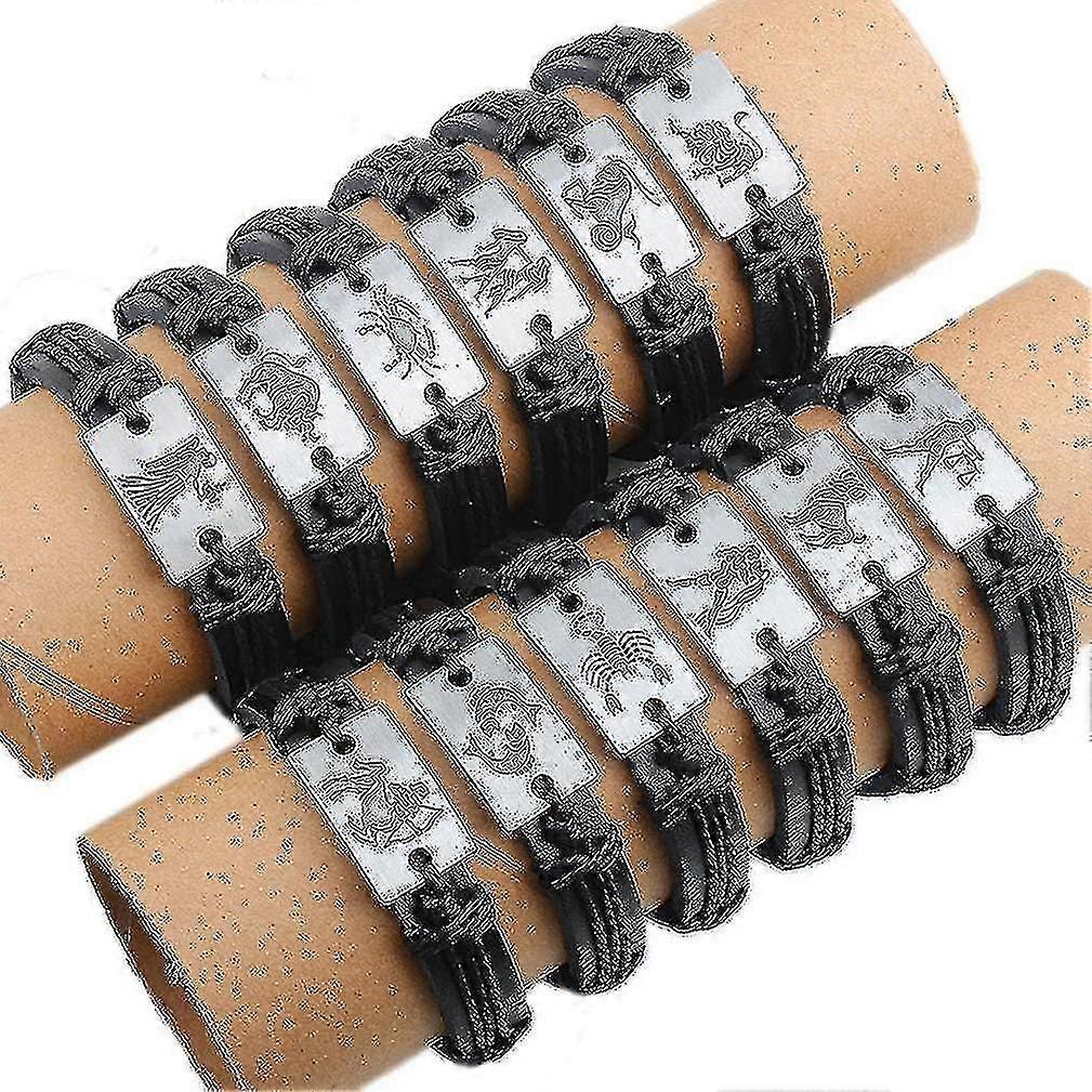 12pcs/set Leather Bracelet With Alloy Constellation Patterns
