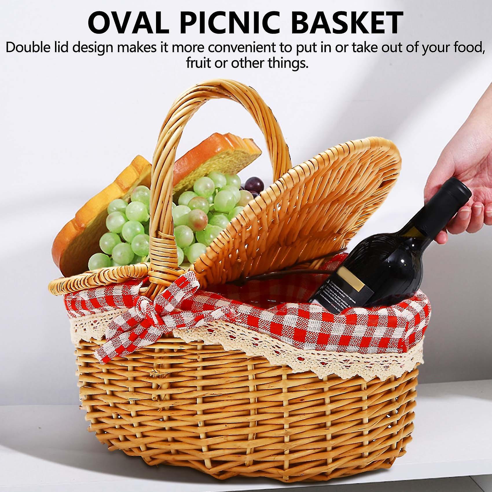 Country Style Wicker Picnic Basket Hamper With Lid And Handle & Liners