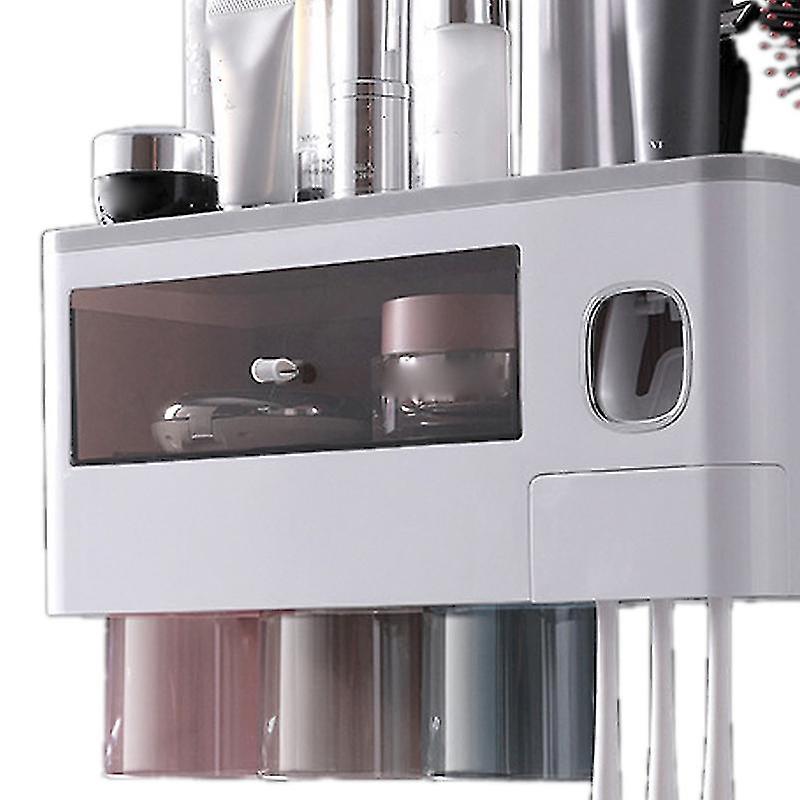 Wall Mounted Toothbrush Holder Multi Function Magnetic Absorption Bathroom Storage Rack with Drawer Toothpaste Dispenser 3 Cup Translucent Gray (31.4