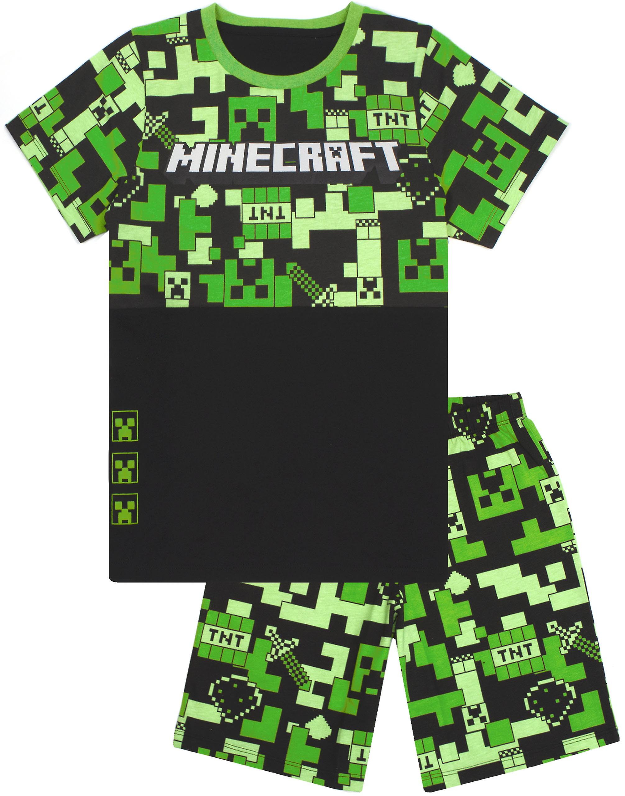 Minecraft Boys Short Sleeve Short Leg Pyjama Set Green Creeper All-Over Print & Logo