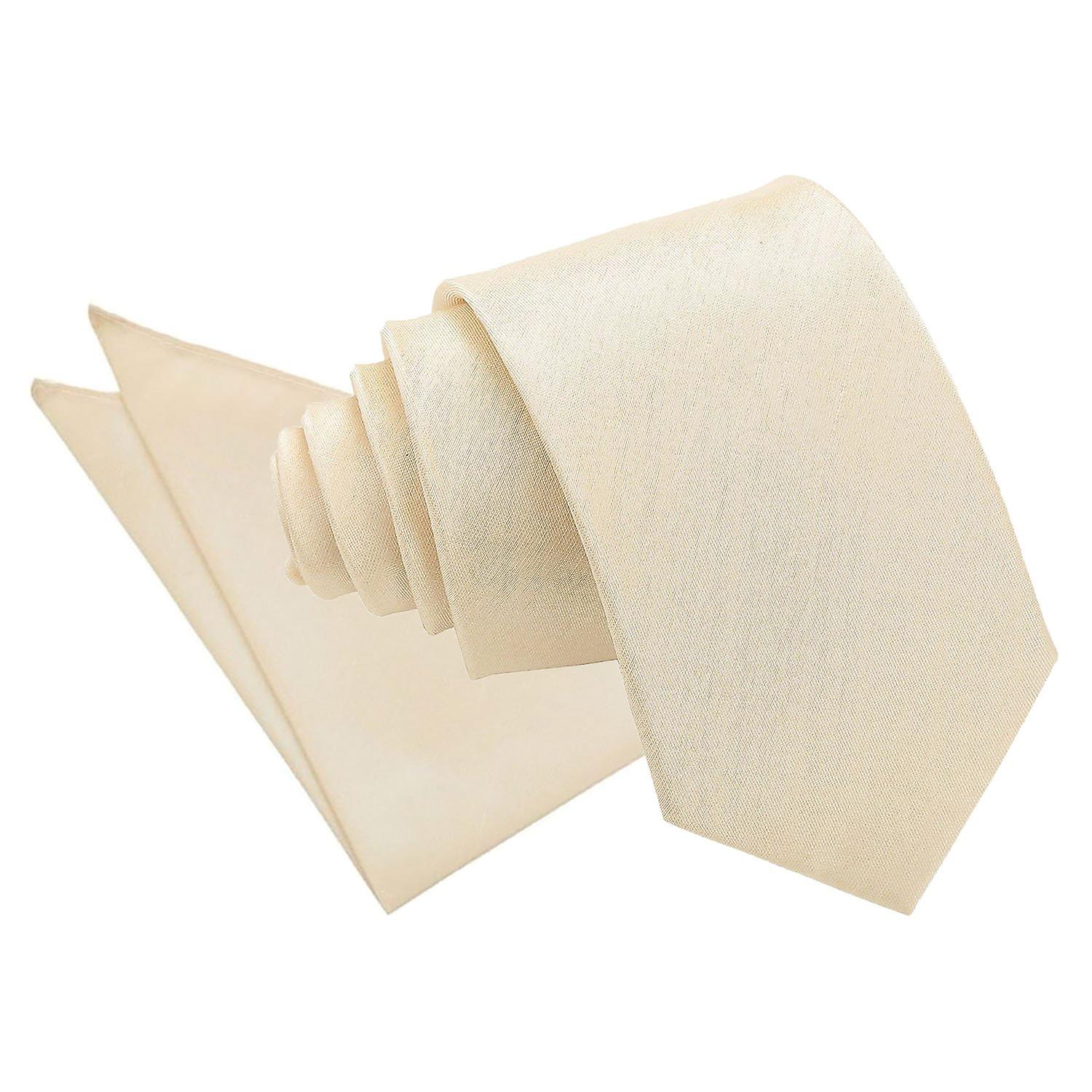 Beige Plain Shantung Slim Tie and Pocket Square Set