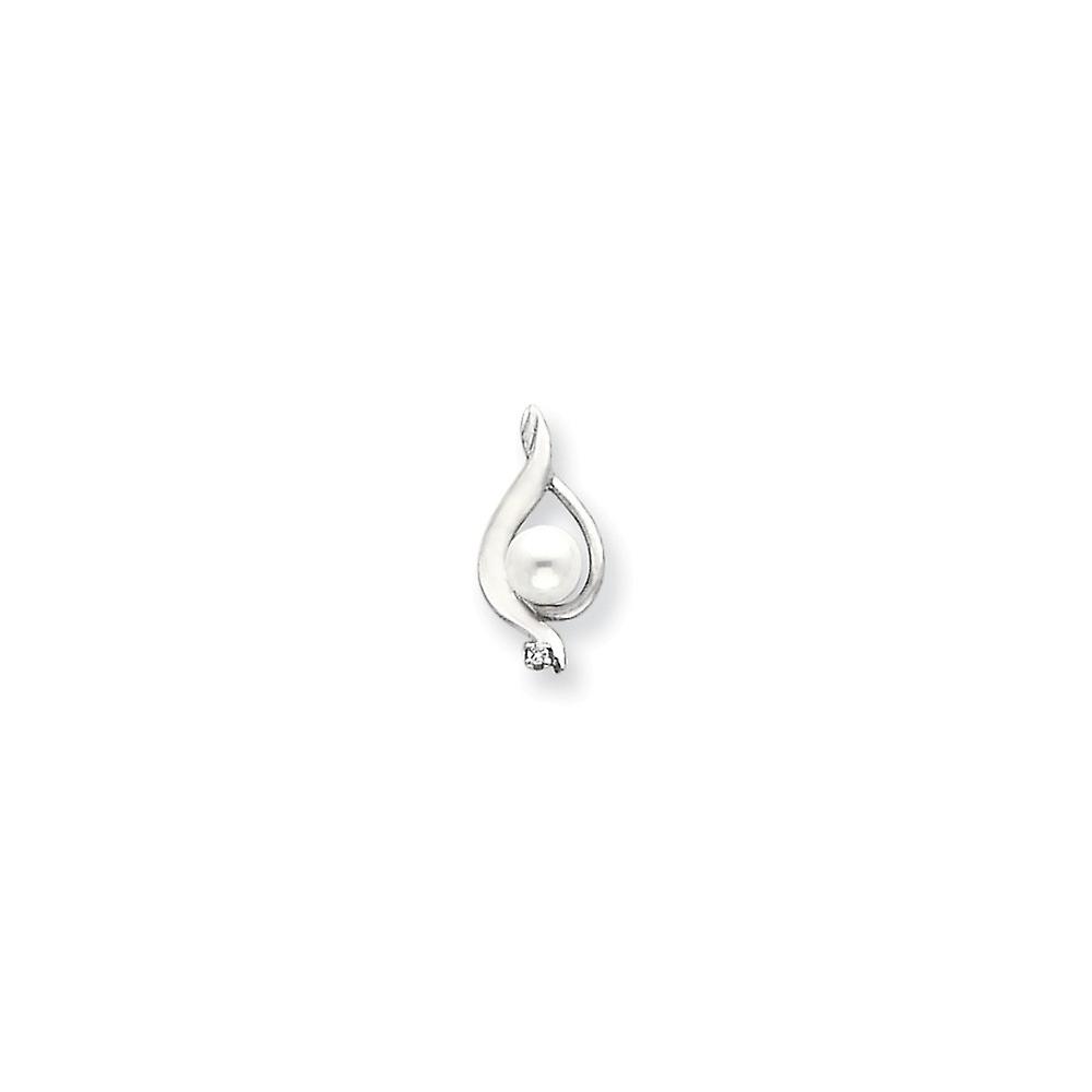14k White Gold Polished 5.5mm Freshwater Cultured Pearl Diamond Pendant Necklace-Pendant for Women