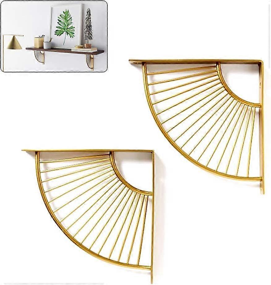 Floating Metal Golden Fan Shaped Triangular Shelf Bracket, Set Of 2 Right Angle Wall Shelf Brackets, Hanging Shelving Brackets For Home Decoration