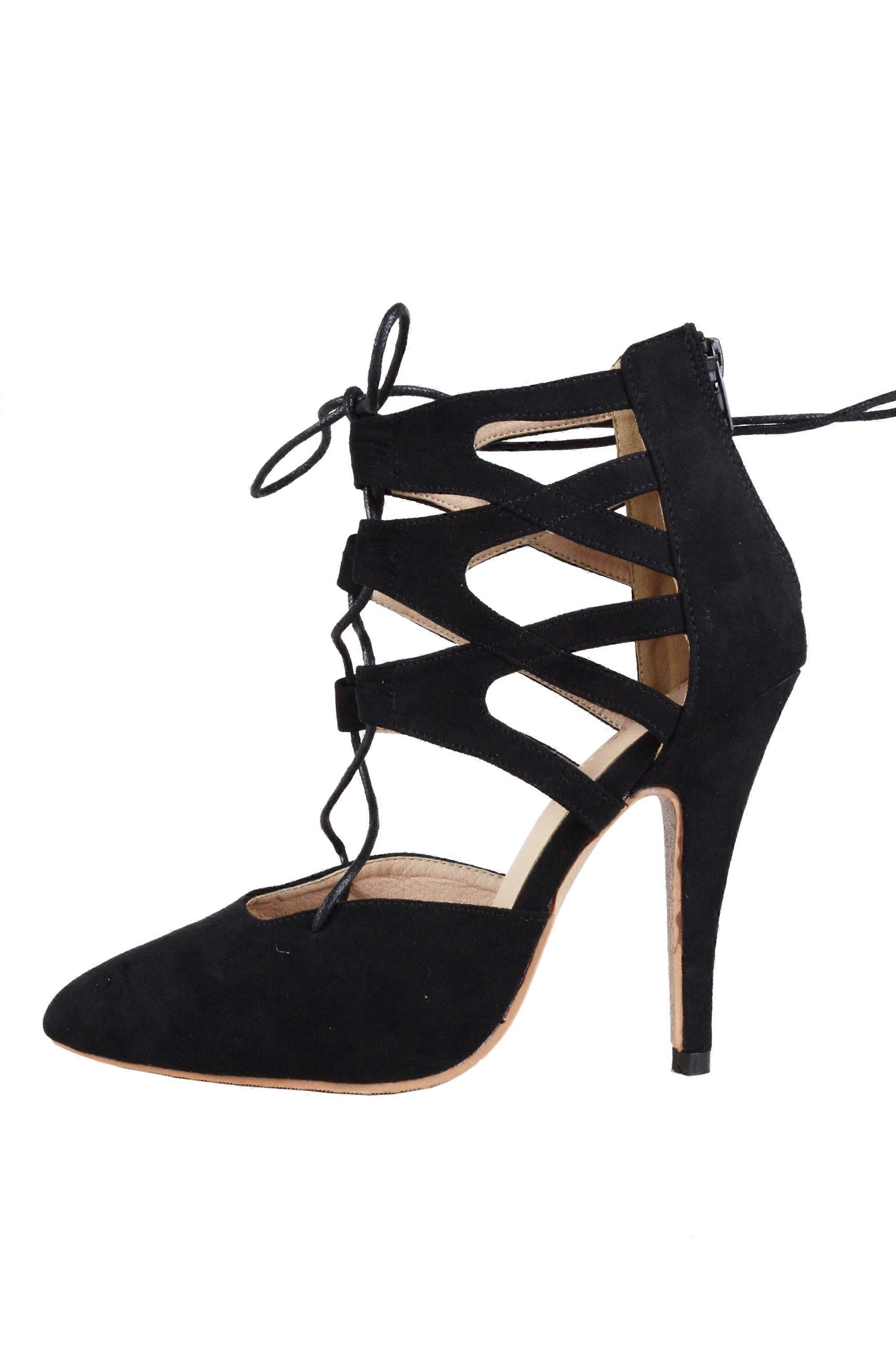 LMS Black Suede Pointed Toe Lace Up High Heel