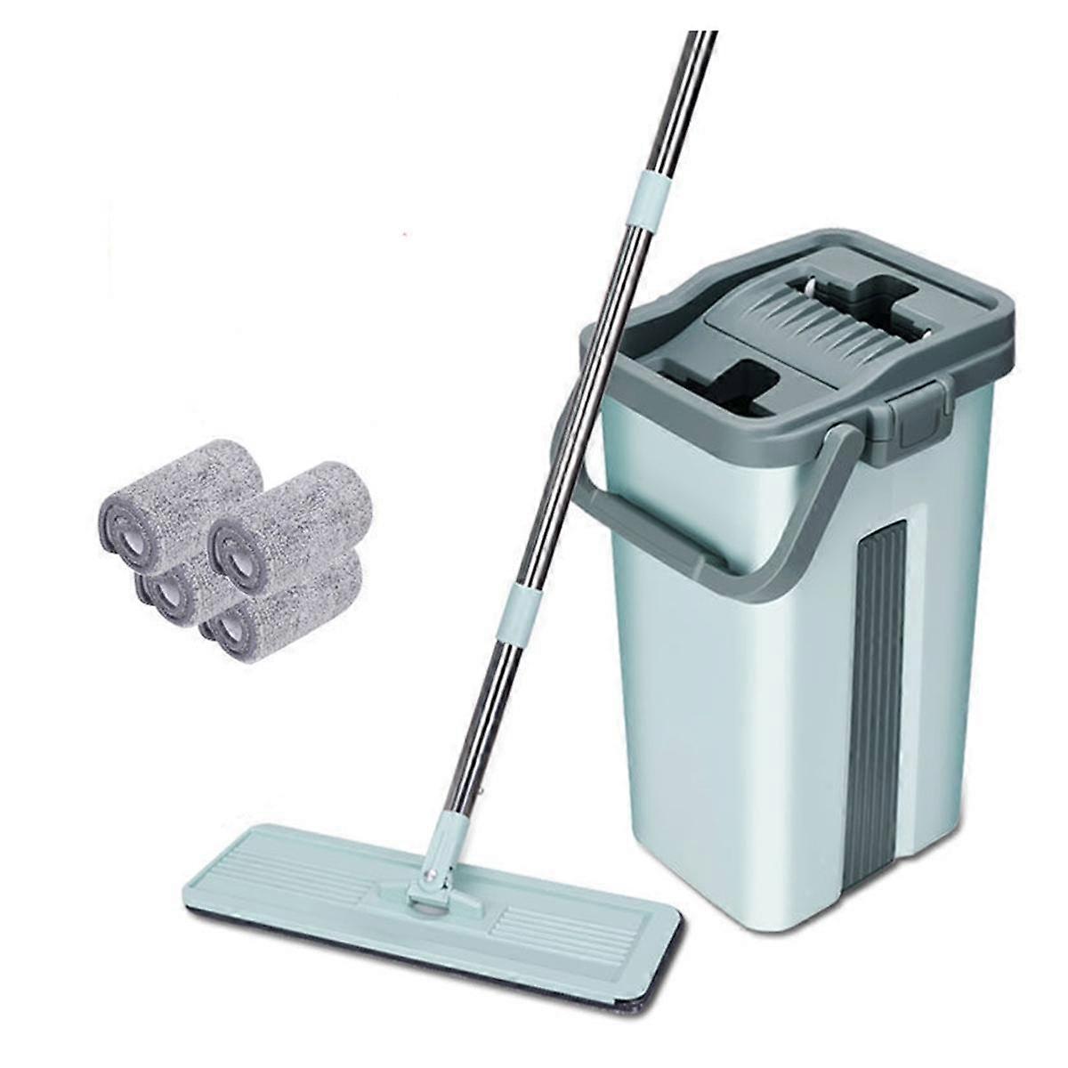 Flat Squeeze Mop with Bucket Hand Free Wringing Floor Cleaning Mop Microfiber Mop Pads Wet