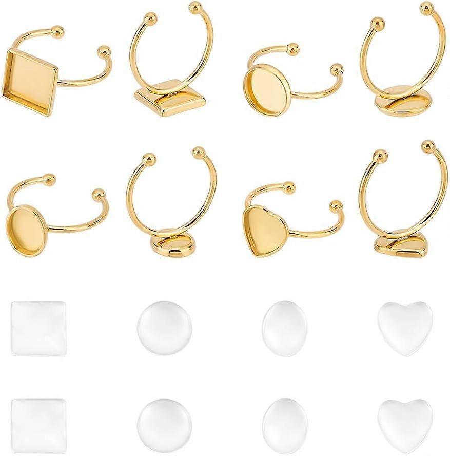 8 Set 4 Styles Blank Rings Pad Ring Settings Base Ring Heart Square Round Cabochon Ring Golden Cuff Finger Rings with 8pcs Glass Cabochons Base Bezel