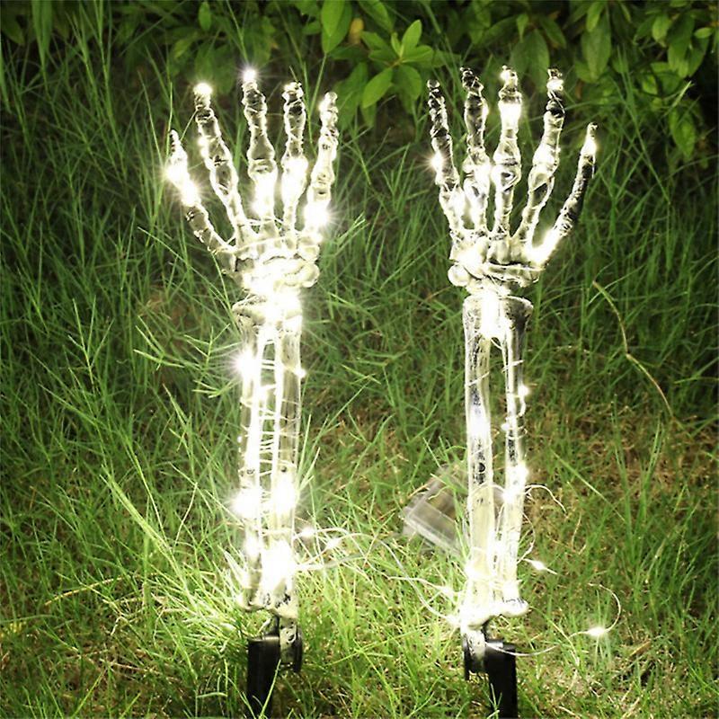 Light Up Halloween Decorations Outdoor Skeleton Hands Life Size, Halloween Yard Stakes Decor with 50 Purple LED Lights & Timer, Outside Bones Hallowee