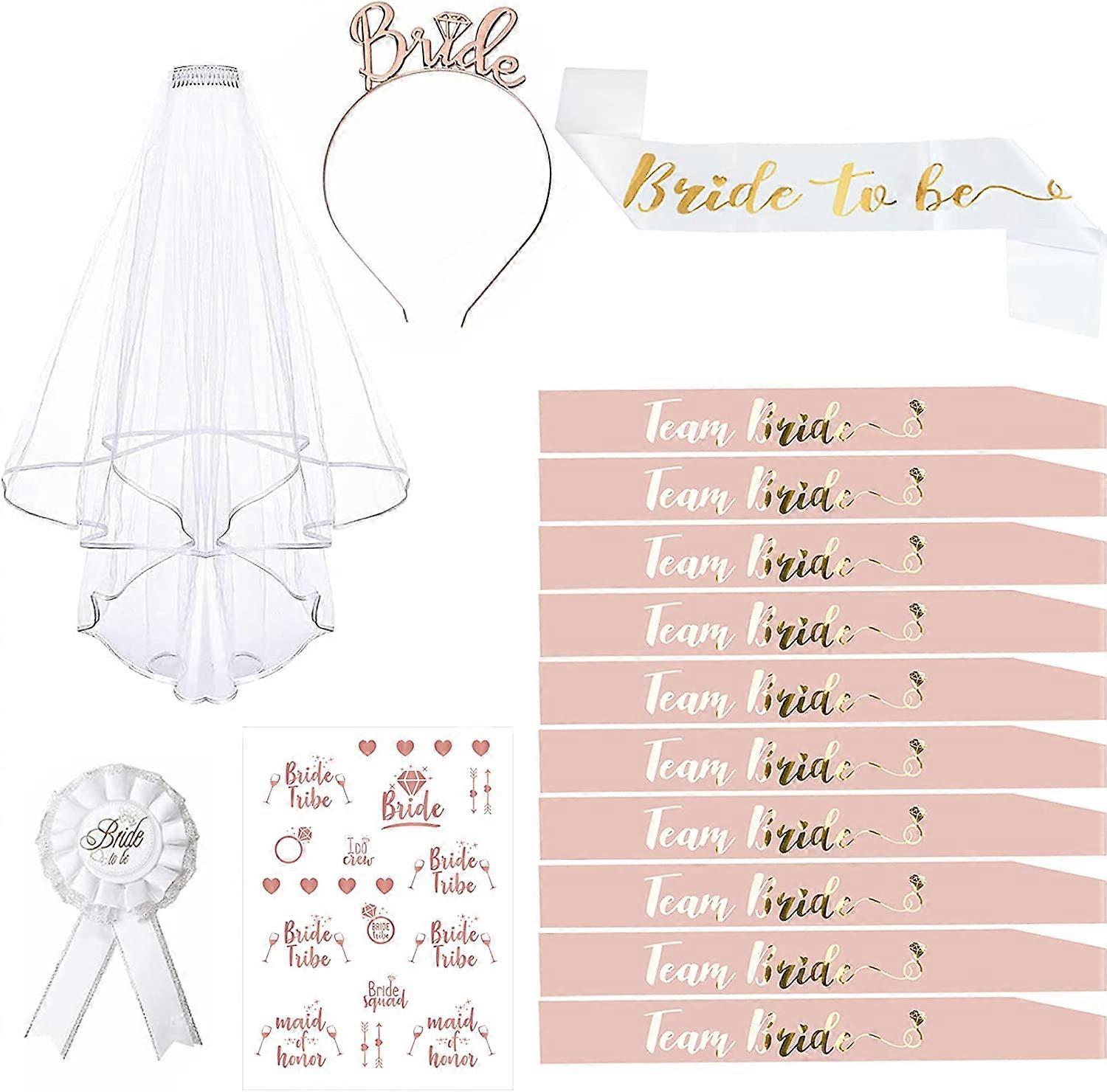 Accessory, 15PCS Bachelorette Party Accessory, Bachelor Party Sash Kit with 10 Team Bride Sashes, 1 Bride Sash, Bridal Veil, Badge, Tiara Headband, Ta